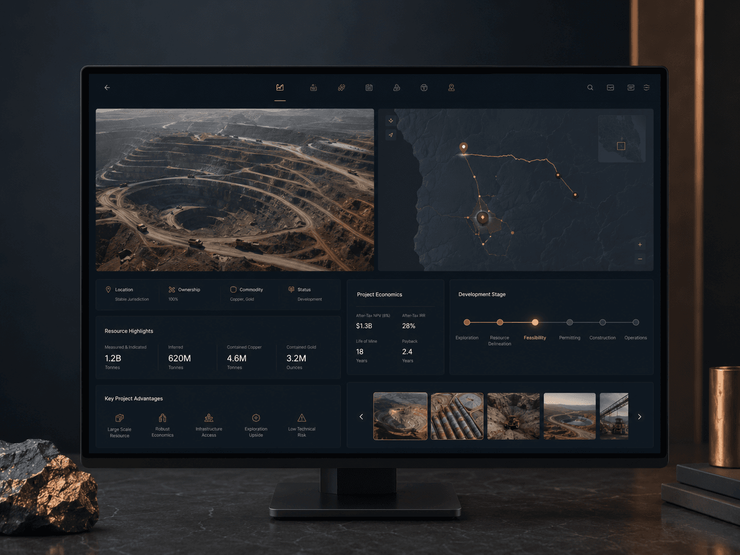 Investor centre rebuild — homepage, project pages and announcement library structured for the way capital markets read a junior miner
